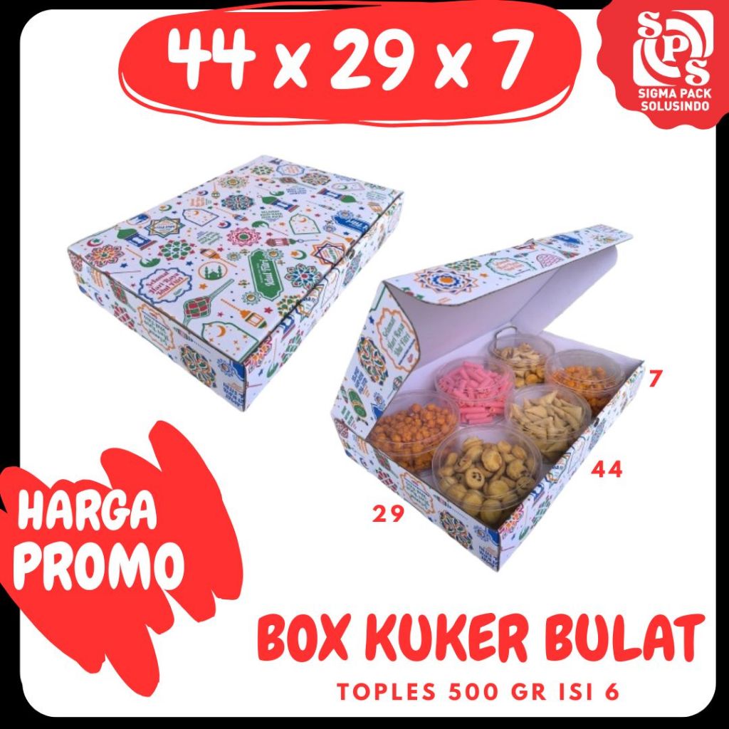 

Kardus Kuker 44x29x7 LD Kue Kering Toples 500gr isi 6 Toples Bulat Box Ied Mubarok Dus Idul Fitri Lebaran Packing Kotak Kemasan Pizza Polos/Motif