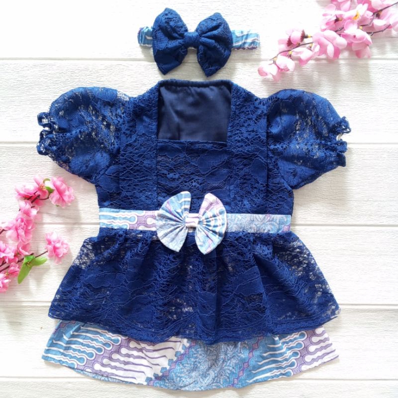 Set Kebaya Anak Bayi Perempuan 1 Tahun Kutubaru Encim Brukat Batik Navy Free Bando