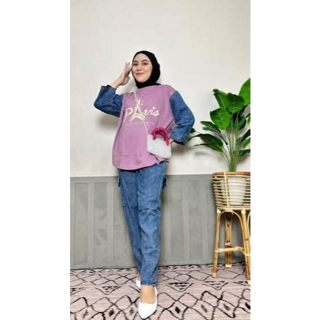 Setelan celana kulot jeans cargo wanita dewasa panjang