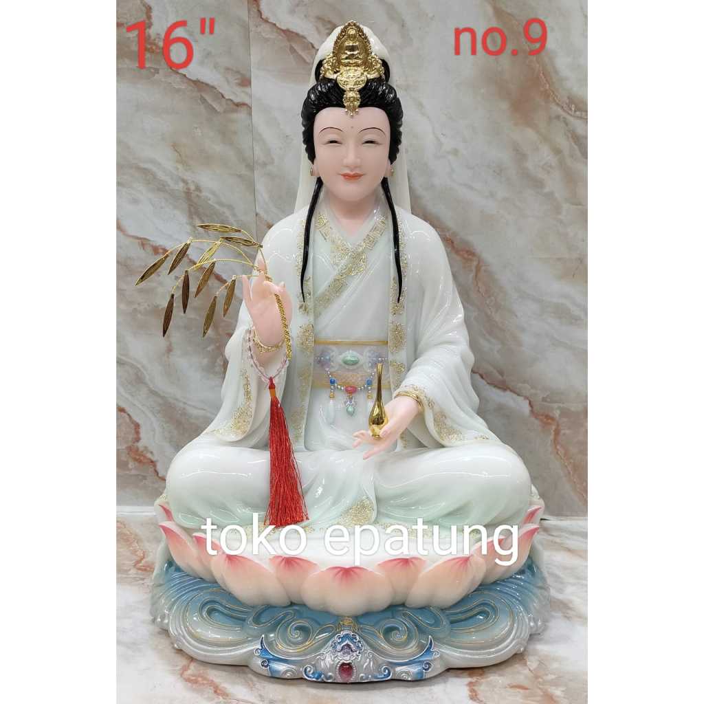 patung dewi kwan im / kwan in / kwan yin / guan yin - marmer - 16 inch - slendang - putih hijau - n.
