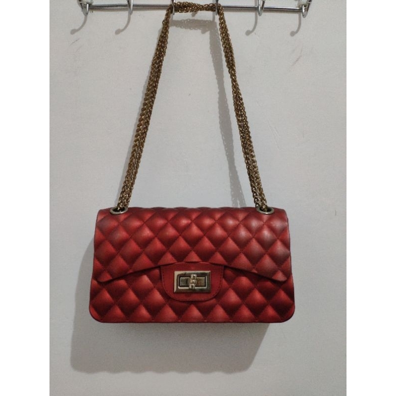 Tas Sling Bag Merah Jelly Rantai Chain Gold Cewek Wanita