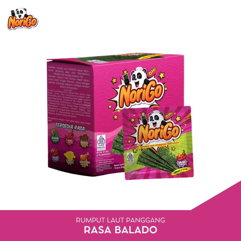 

NORIGO - Rumput Laut Panggang Rasa Balado - 1 Box Isi 12 Sachet