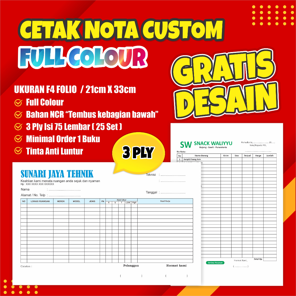 

Dck Cetak Nota Full Colour 3 Ply Ukuran A4/F4, Cetak Nota Custon Nama Toko Sendiri