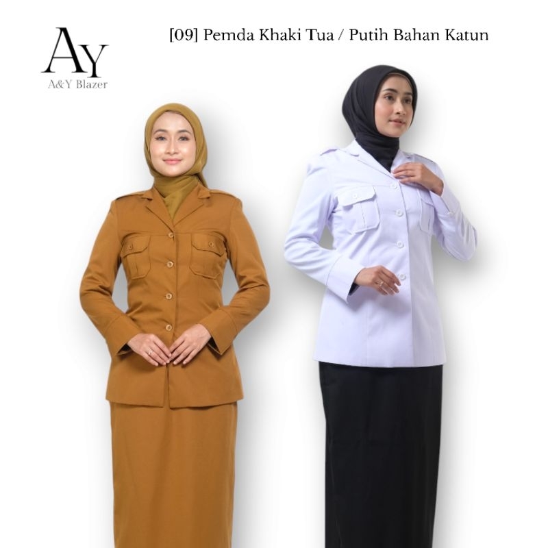 [09] A&Y Blazer Baju Seragam SAKU DADA PEMDA PDH Guru / PNS Wanita Warna Khaki Tua & Putih | Seragam