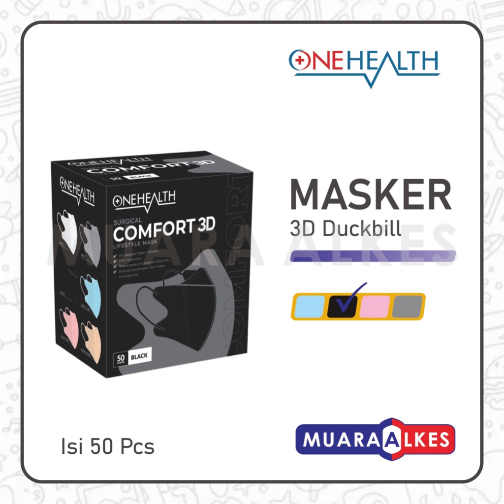 Masker BLACK 3D Duckbill OneHealth | Surgical Comfort 3D Mask | Masker Medis 3D - Muara Alkes