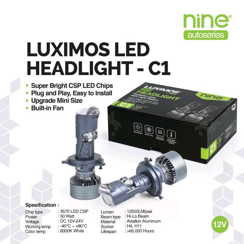 LAMPU LED MINI PROJECTOR HEADLAMP H11 H4 NINE LUXIMOS C1 50Watt