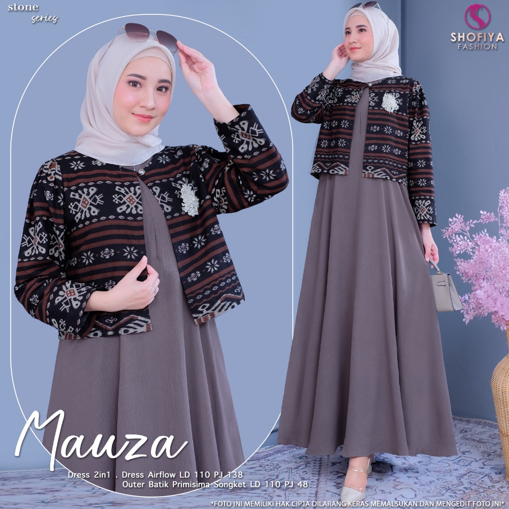 Kimmifash- Dress Mauza Gamis Wanita Model Outer Motif Kombinasi songket polos Lebaran 2025