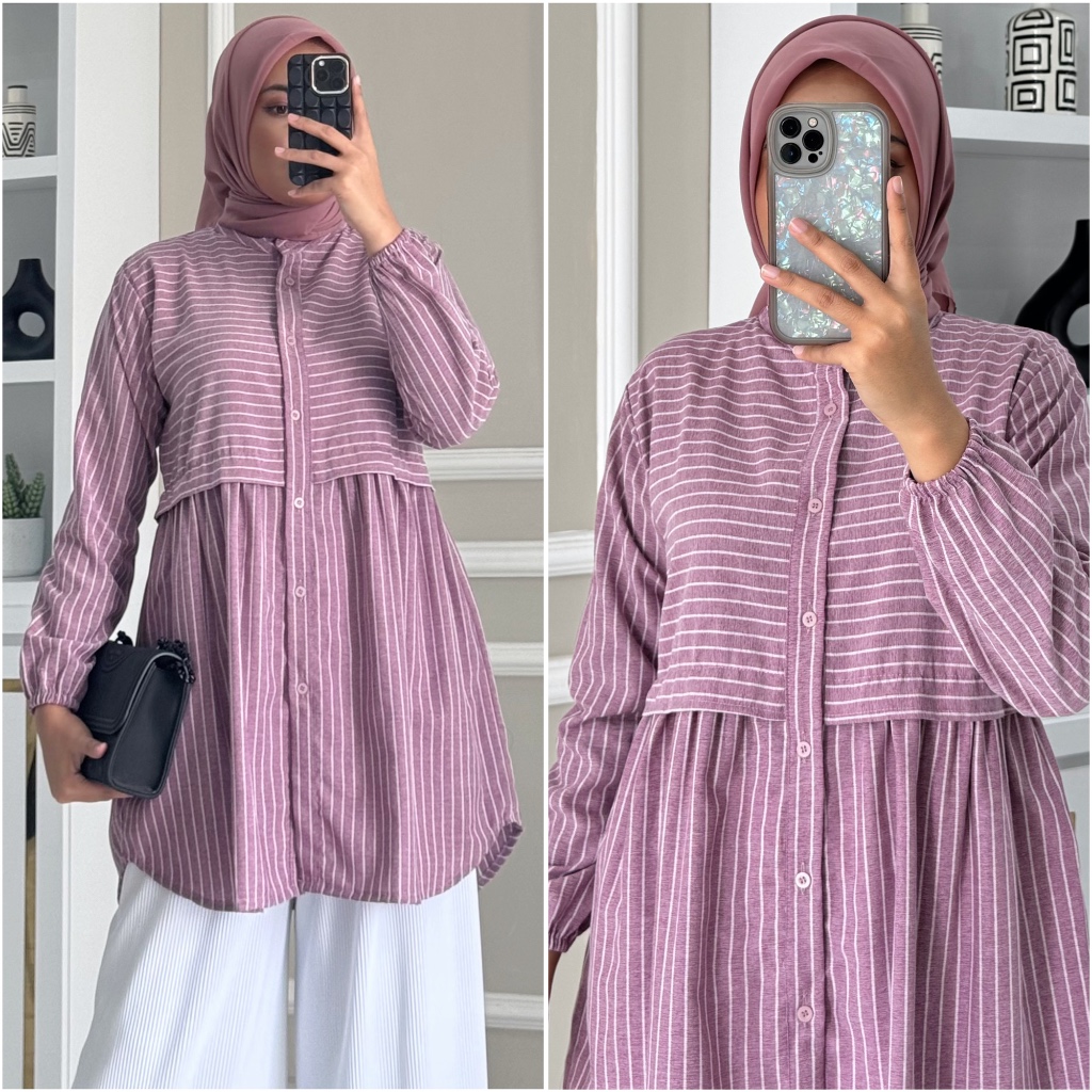 PAULA ZALFA OUTFIT Blouse Atasan Wanita Muslim Lengan Panjang Karet Motif Katun Poplin untuk Kerja d