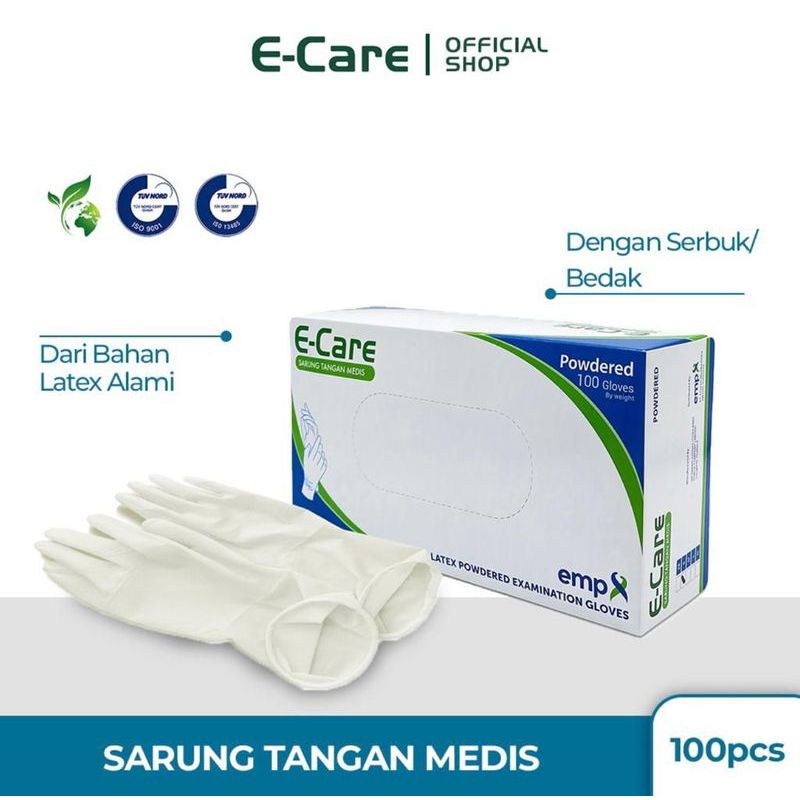 Sarung Tangan Latex Powdered E-Care 100 Pcs / Handscoon Latex Powder Ecare