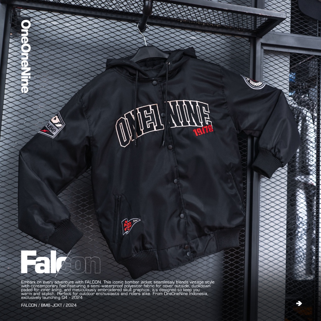 Oneonenine Ksr Jaket Varsity Falcon Black - Jaket Motor Sport Parasut Bordir