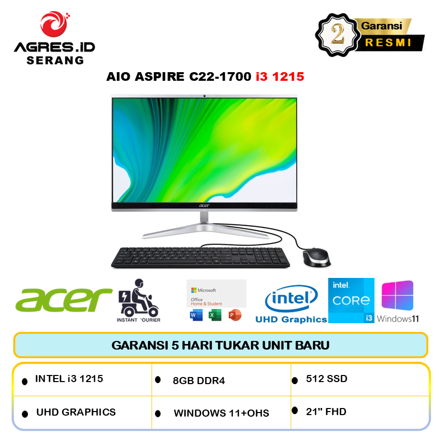 Pc Acer Aio Aspire C22-1700 Intel i3 1215 8GB 512GB W11+OHS 21.5FHD