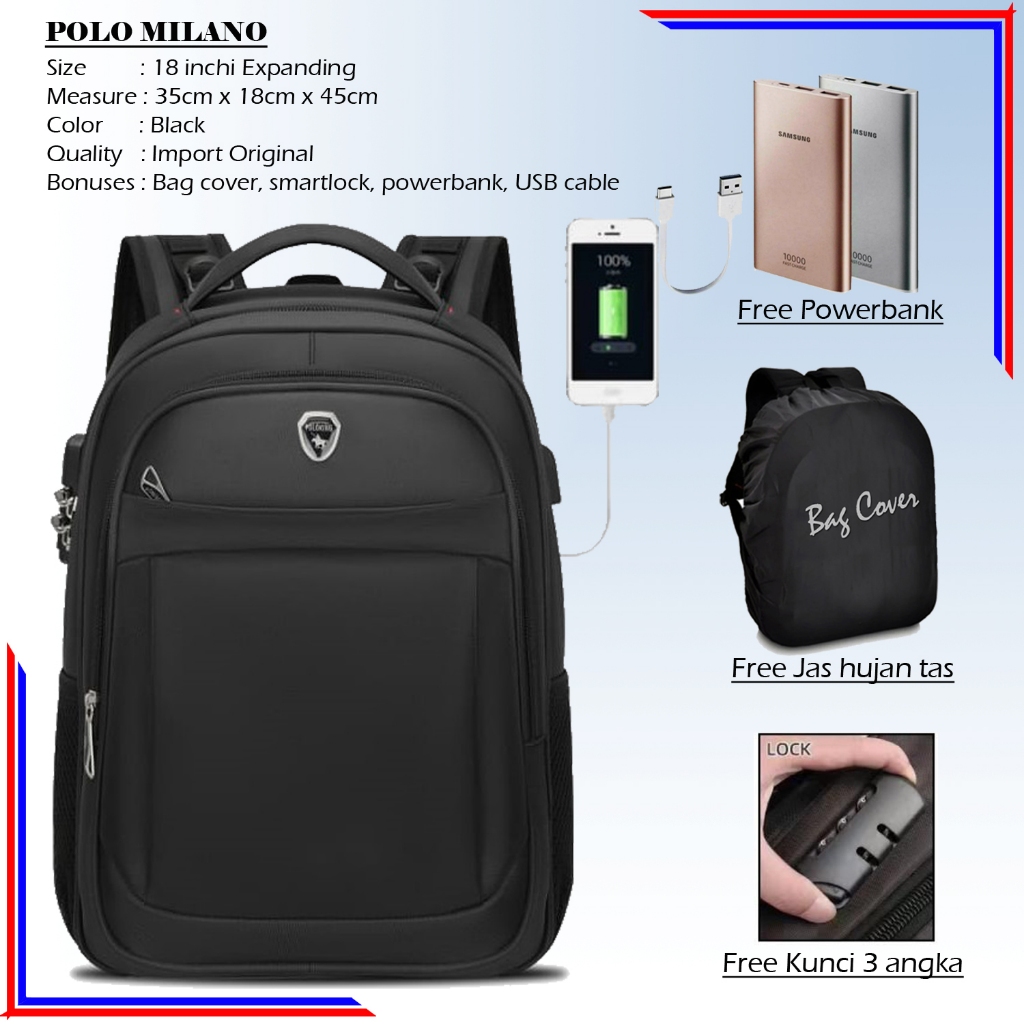 POLO MILANO ORIGINAL IMPORT TAS PRIA TAS RANSEL LAPTOP SIZE 18 INCHI TAS BACKPACK PRIA IMPORT TAS PO