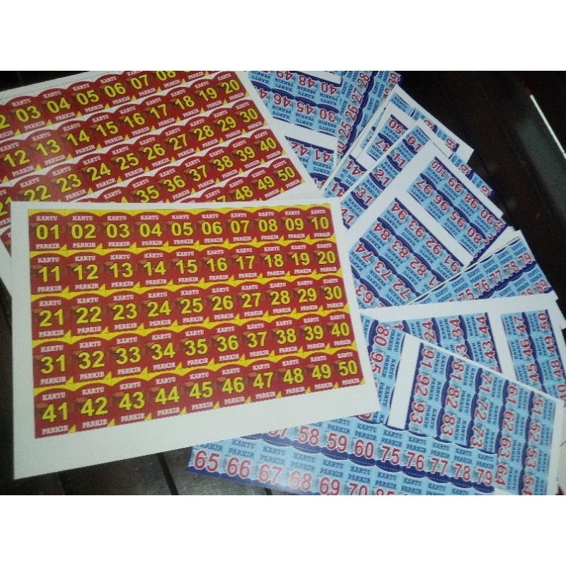 

Kartu Parkir nomor ganda berpasangan 1-50. Bahan kertas Art Paper. Dilapisi plastik laminating. Anti Air