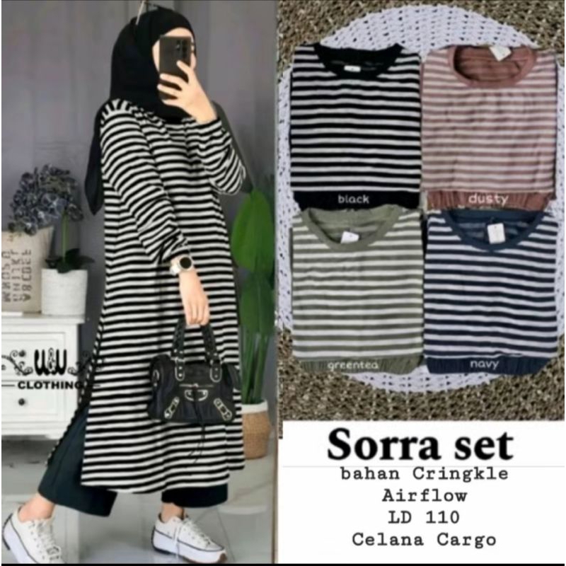 SORRA SET TUNIK WANITA MOTIF SALUR BAHAN CRINGKLE AIRFLOW LENGAN PANJANG LONG TUNIK SETELAN GARIS MU