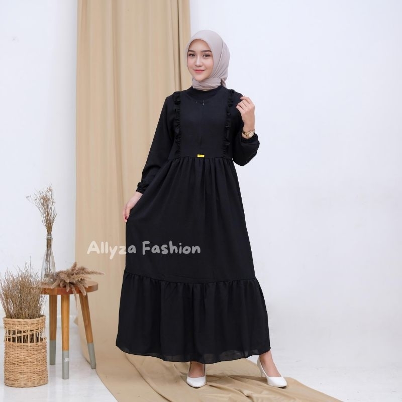 Allyza - MISCHA DRESS | GAMIS CRINKLE AIRFLOW PREMIUM | Gamis Polos Premium | Gamis Hitam Polos