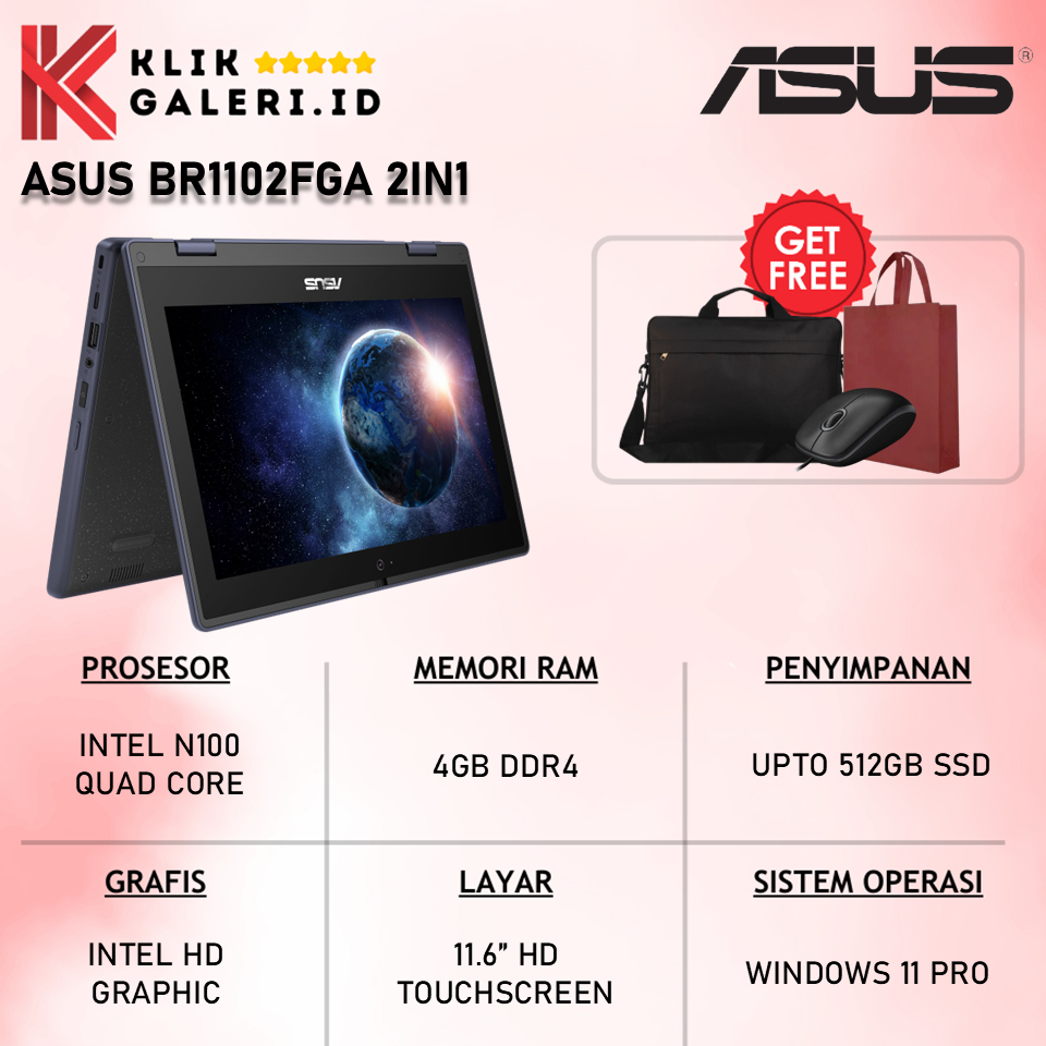 Laptop Touchscreen 2in1 Asus BR1102FGA Intel N100 RAM 4GB SSD 512GB 11 Inch Win 11