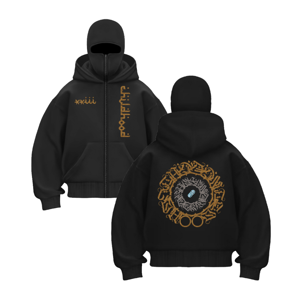 Childhood Hoodie Balaclava Zipper Boxy Oversize Calligraphy Pria Wanita Hitam