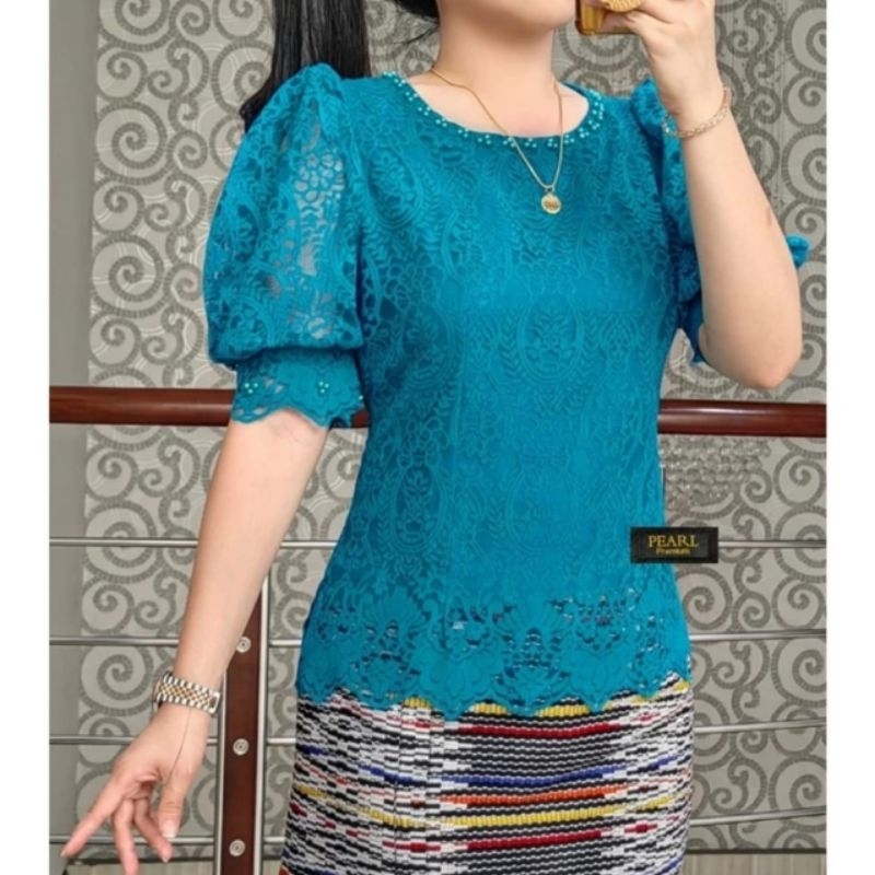 Atasan kebaya blouse renda leher bulat payet mutiara lengan bulat