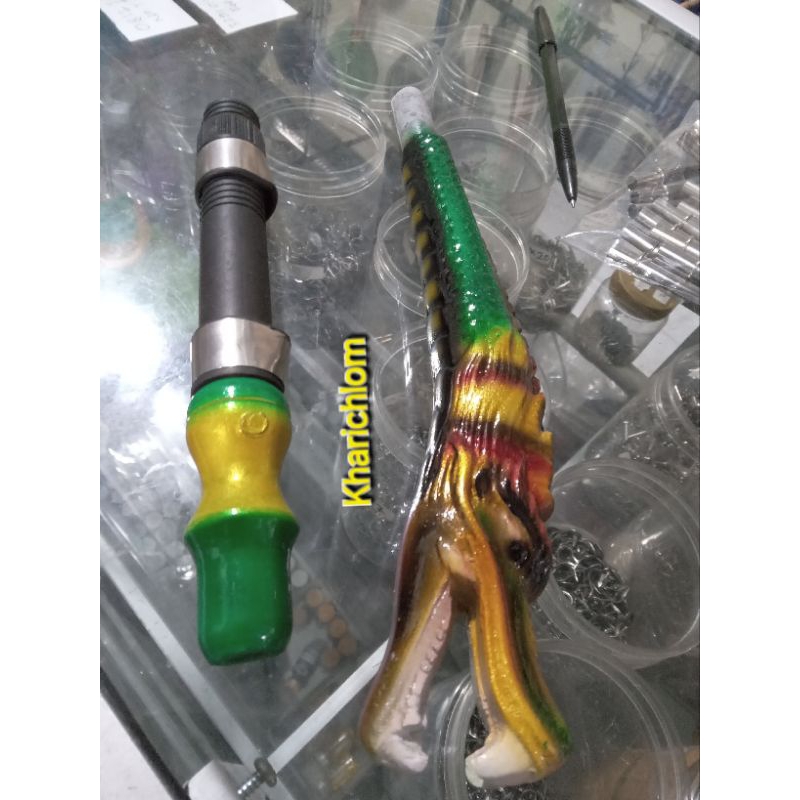 Gagang/tongkat/pahul/handle untuk joran pancing bahan kayu jati ukiran motif Naga cat air brush