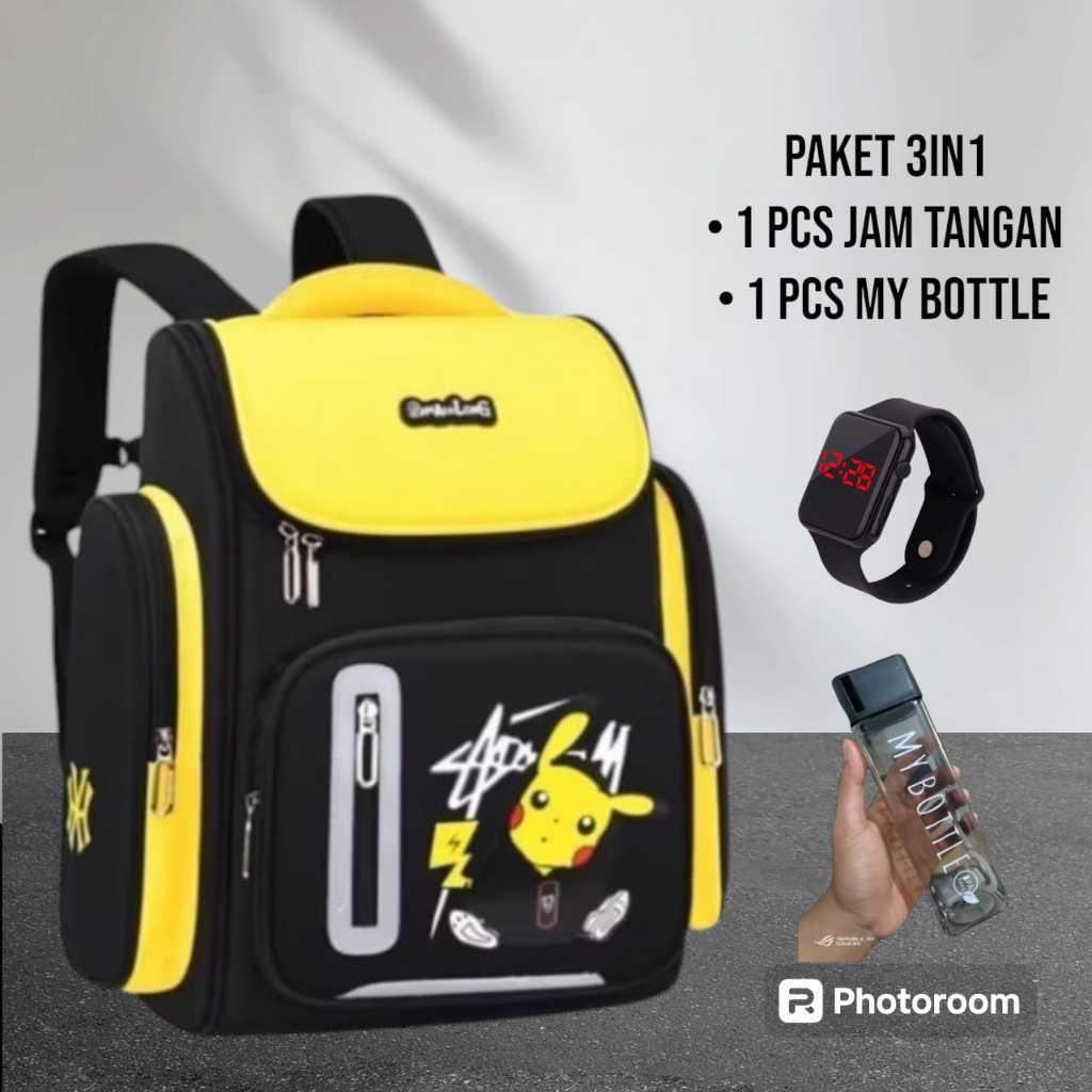 [ Free Botol ]  Tas Sekolah Pikachu / Tas ransel sekolah anak laki laki perempuan tk sd kelas 123456