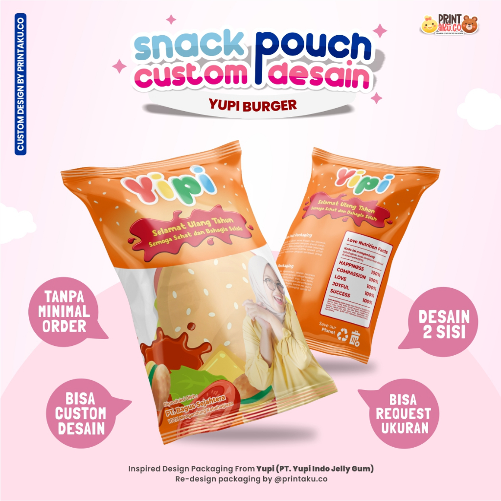 

Bungkus Kado Custom | Snack Custom Foto Teks Bungkus Kado Pouch Jumbo | Series Yupi Burger