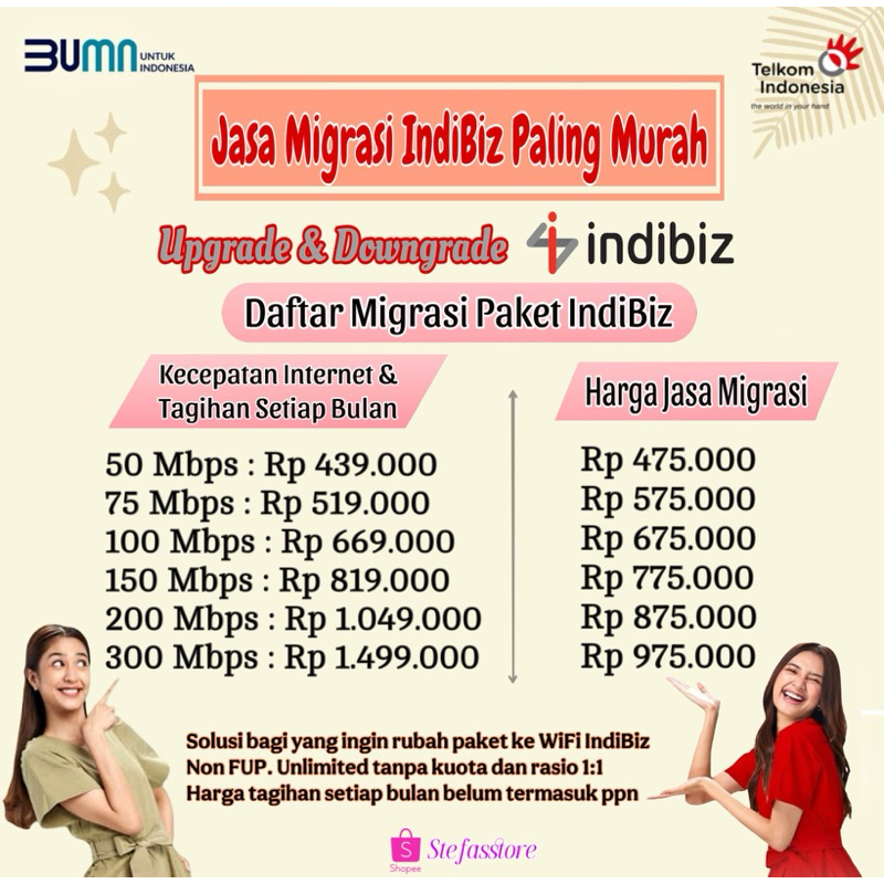 Migrasi Indibiz Paket 1P Internet Only 50 - 300 Mbps Unlimited Tanpa Kuota Fup / Downgrade Upgrade /