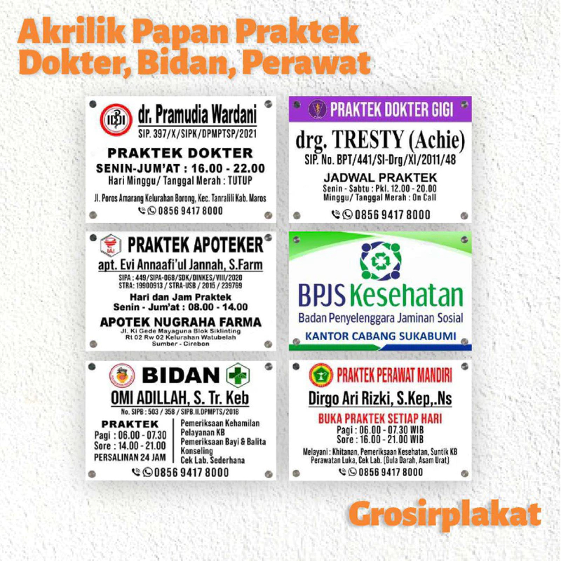 

Papan Praktek Apoteker, Dokter, Bidan , Perawat, Dll | Bisa Custom Design | Siap Pakai untuk Indor (BAHAN AKRILIK PRINTING UV)