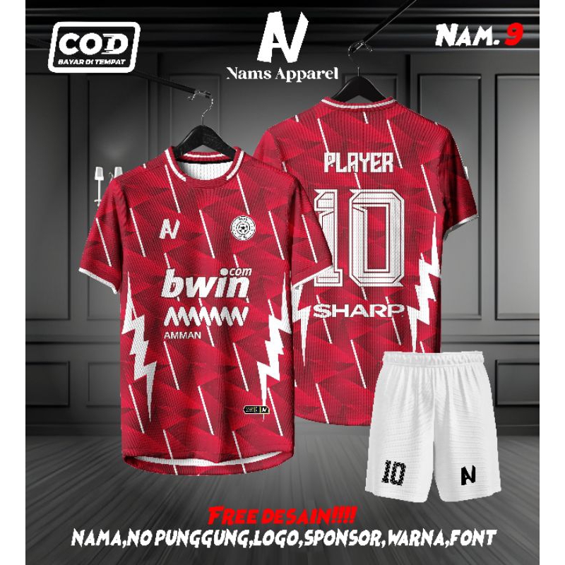 JERSEY FUTSAL / SEPAKBOLA FULL PRINTING MERAH KEREN BEBAS CUSTOM DESIGN FREE NAMA DAN NOMOR PUNGGUNG