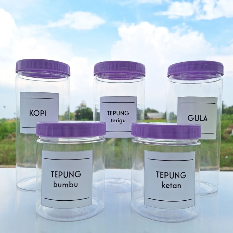 Toples Bumbu Dapur dengan Tutup Ungu Lilac Bahan Plastik Gratis Stiker Bumbu Model Minimalis