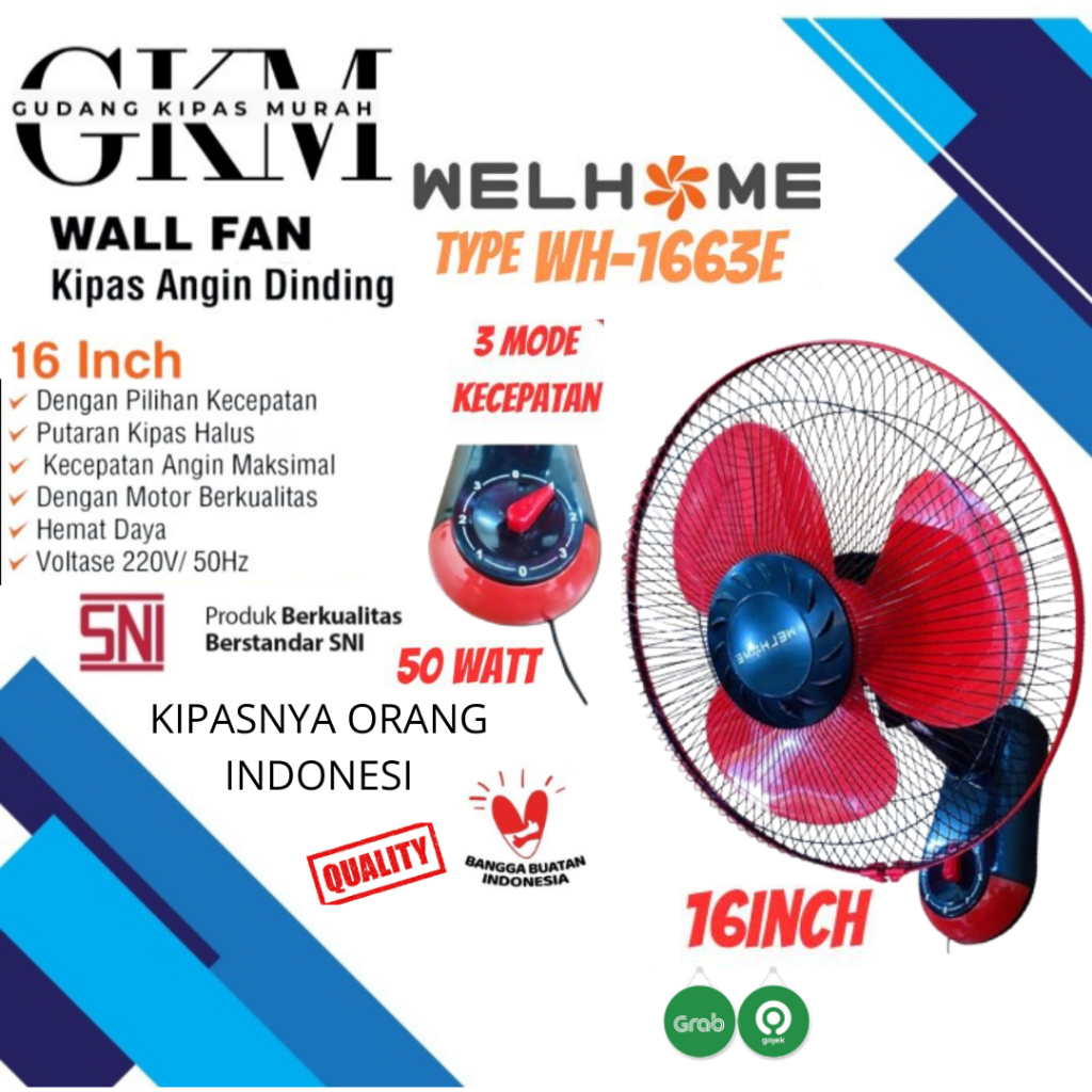 Kipas Angin Dinding WELHOME WH-1663e 16 inch Wall Fan WELHOME WH-1663e