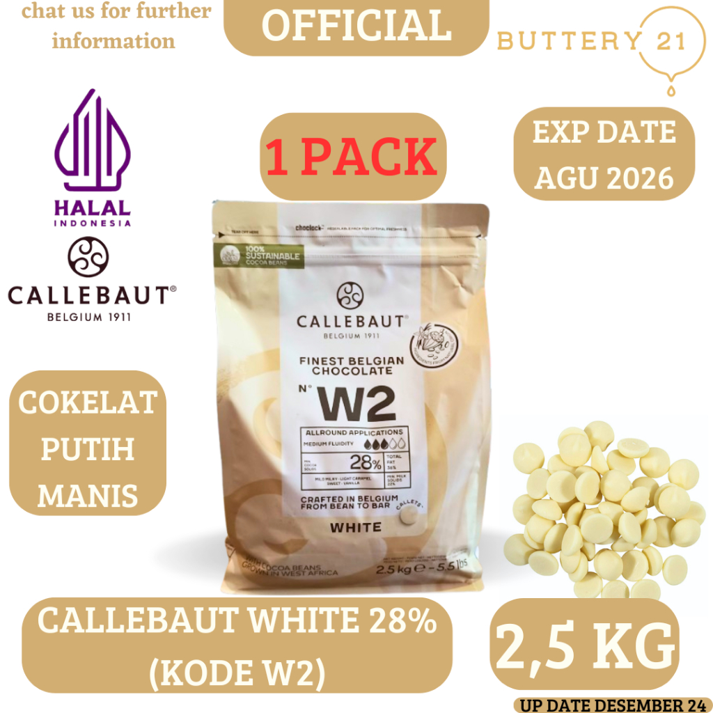 

CALLEBAUT WHITE CHOCOLATE W2 2,5 KG/COKELAT PUTIH MANIS/CALLEBAUT W2/COKELAT CALLEBAUT