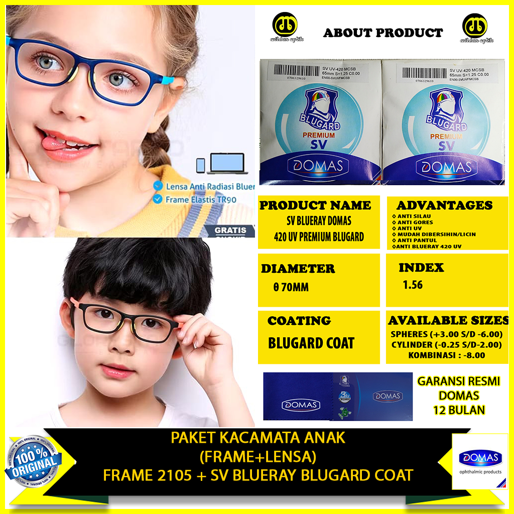 KACAMATA ANAK (FRAME+LENSA) 2105 ANTI BLUERAY LENSA DOMAS BLUGARD