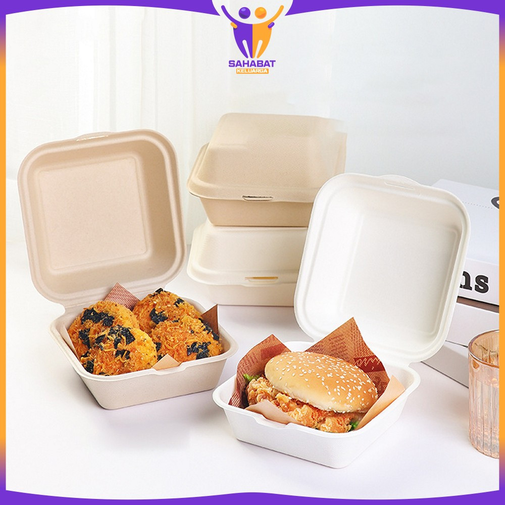 Kotak Bagasse Box Serat Tebu Lunch Box Burger 6in Food Grade / Mini Box Food Container / Kotak Bento