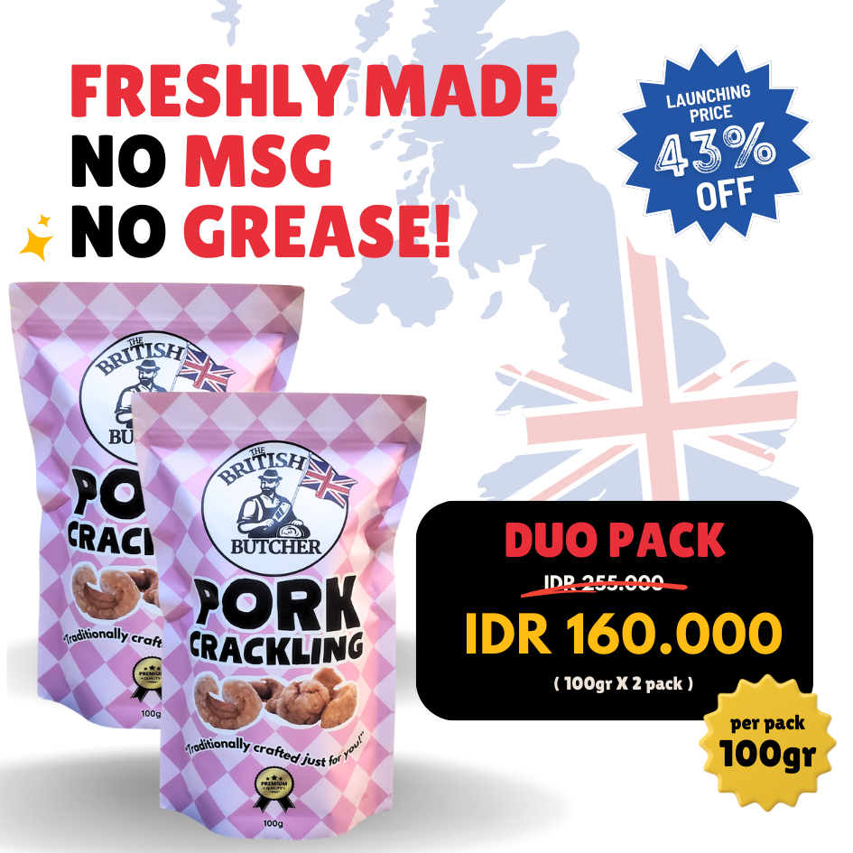 

DUO PACK - 100g Pork Crackling PREMIUM - The British Butcher UK - 100% Kerupuk Samcan Babi Premium [Non-Halal]