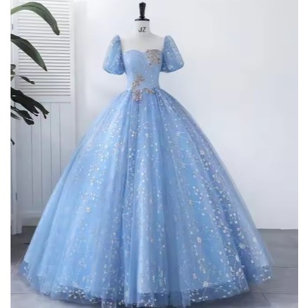 GAUN BIRU  MUDA  DENGAN  LENGAN PENDEK  BALLGOWN WEDDING DRESS  PARTY DRESS BALLGOWN PESTA