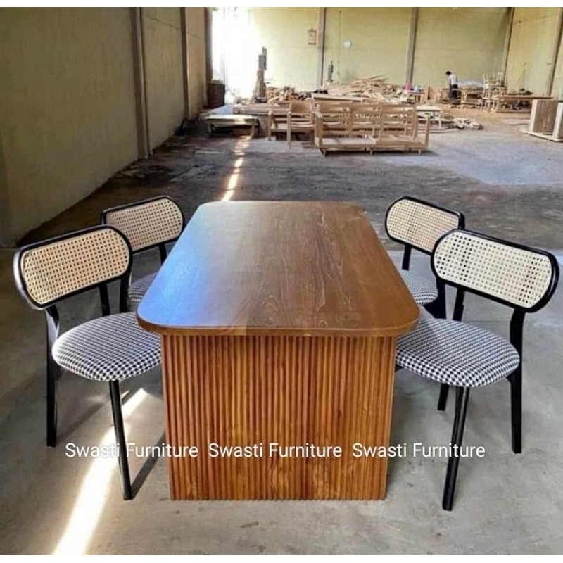 Swasti Furniture - Kursi Makan Rotan Salur / Kursi Makan Jati Kombinasi / Kursi Cafe Aestetic Model 