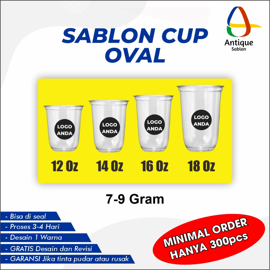 Sablon Cup Oval Gelas Packaging Plastik PP Custom 12 Oz, 14 Oz, 16 Oz, 18 Oz Tebal 7-9 Gram