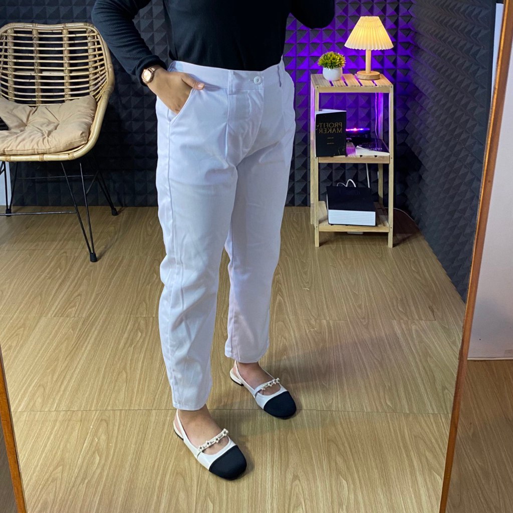 Celana Bahan Drill Kerja Kantor Wanita Hitam Jumbo Pinggang Karet Baggy Pants Sabirafashion