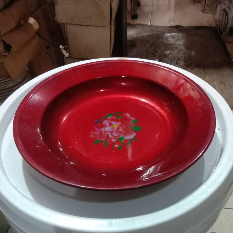 12Pcs / 1 Lusin Piring Mandarin 22 cm Warna Merah Motif Bunga Made In China Piring Seng, Piring Enam