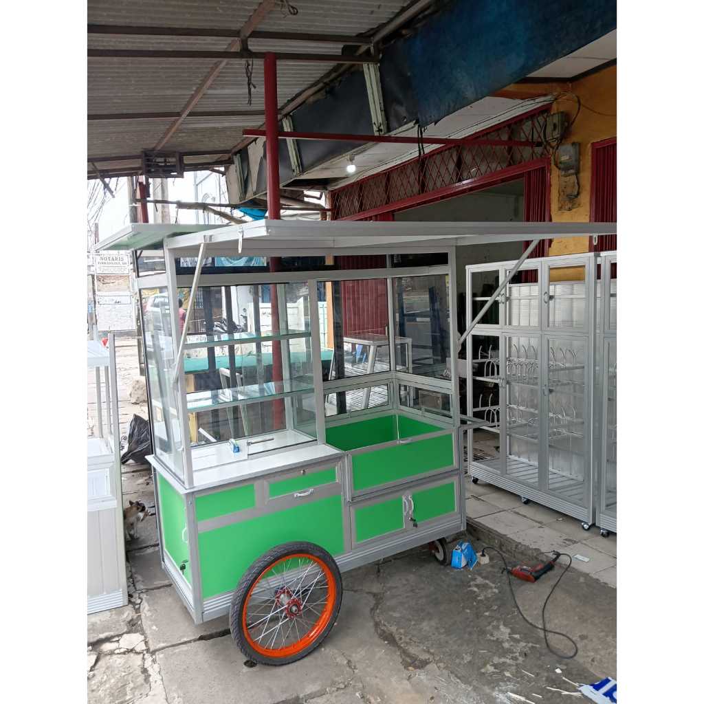 Gerobak Gorengan Serbaguna Silver ACP hijau muda roda motor ( FREE Onkir Khusus Jabodetabek )