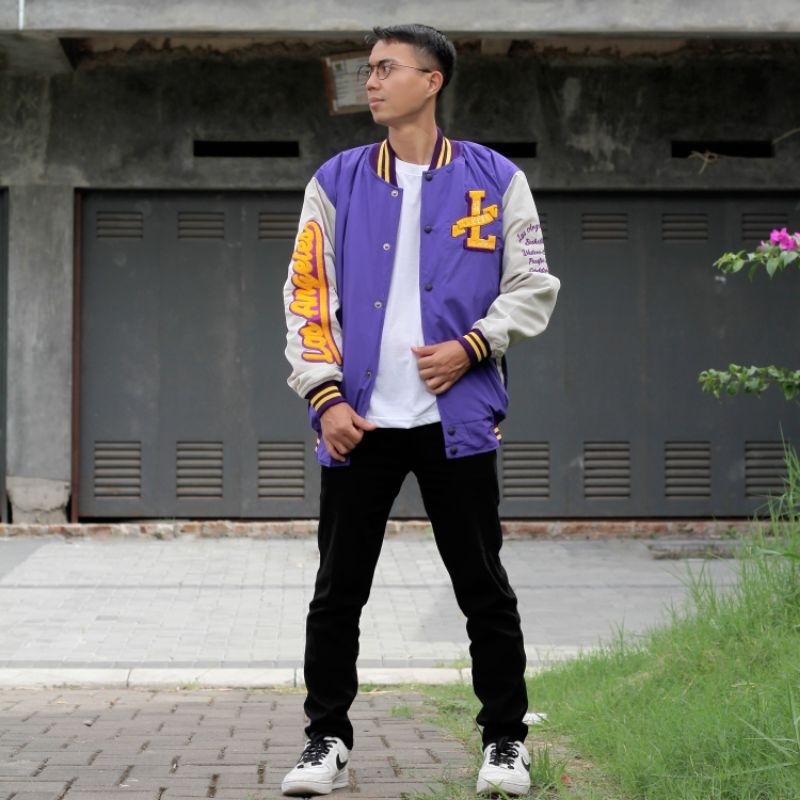 Varsity Los Angeles Laker's Purple Cream Bomber Jacket Casual Vintage Full Embroidery - Akar Officia