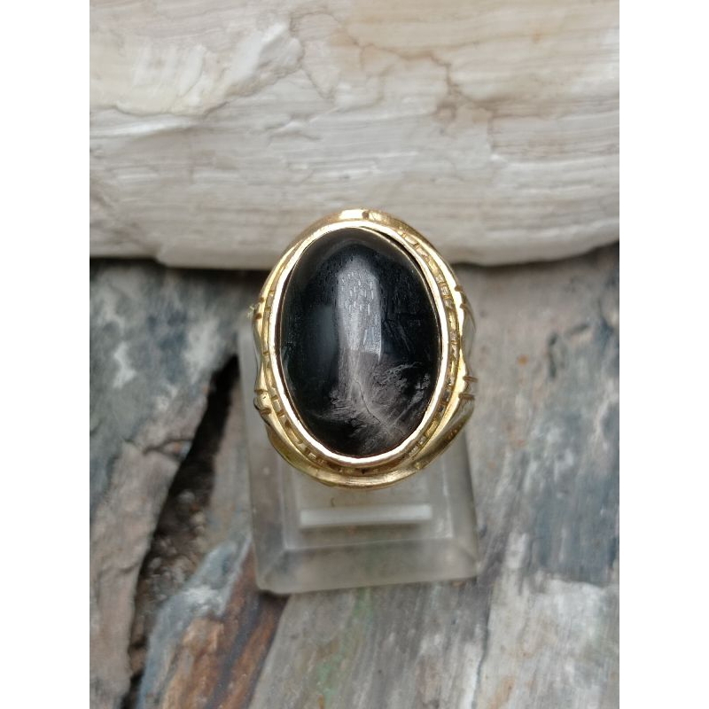 Cincin batu natural fosil kelor motif gambar pusaka pedang keris tombak unik langka