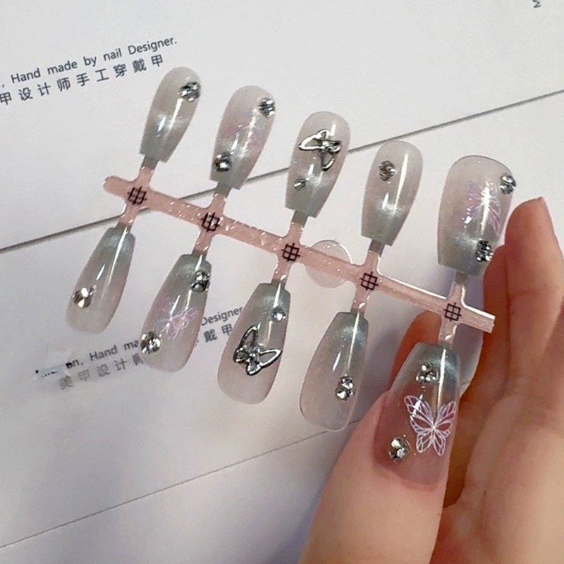 Green Pink Butterfly - Kuku Palsu + Lem - Korean Premium Nails PRESS ON NAILS / FAKE NAILS Nail Art