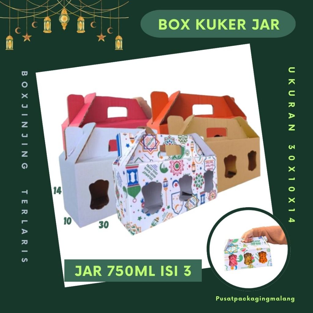 

Box kuker 30x10x14 Jinjing (KUKER TOPLES JAR 750ml Isi 3) Kardus Kue Kering / Idul Fitri /Hampers / Lebaran / Gable Box Polos/Motif