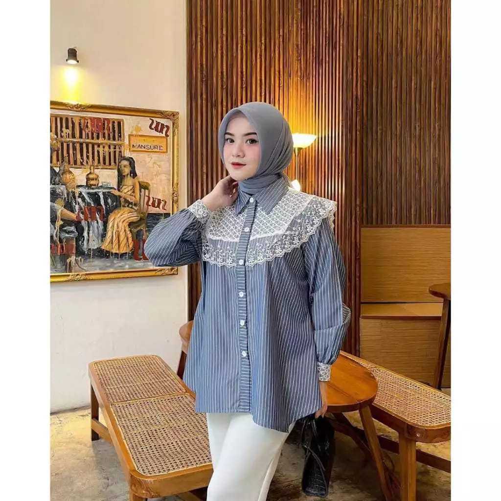 Laiha Collection Baju atasan Kemeja Kerja wanita Terbaru Kemeja Blouse Wanita Jumbo Strip Salur Komb