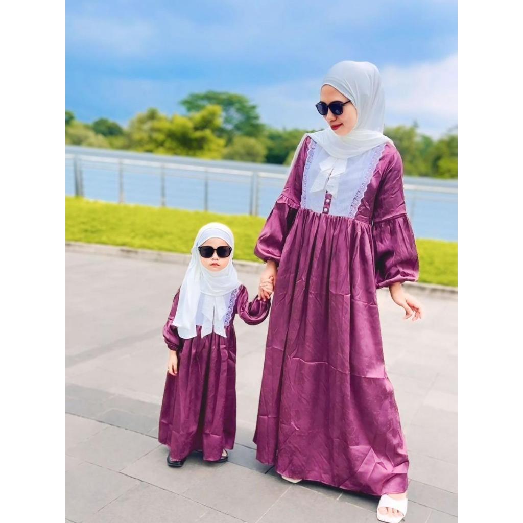 [GAMIS FUJI]  SILK MOTIF BUNGA KOMBINASI RENDA VINTAGE (Couple Mom n Kids)