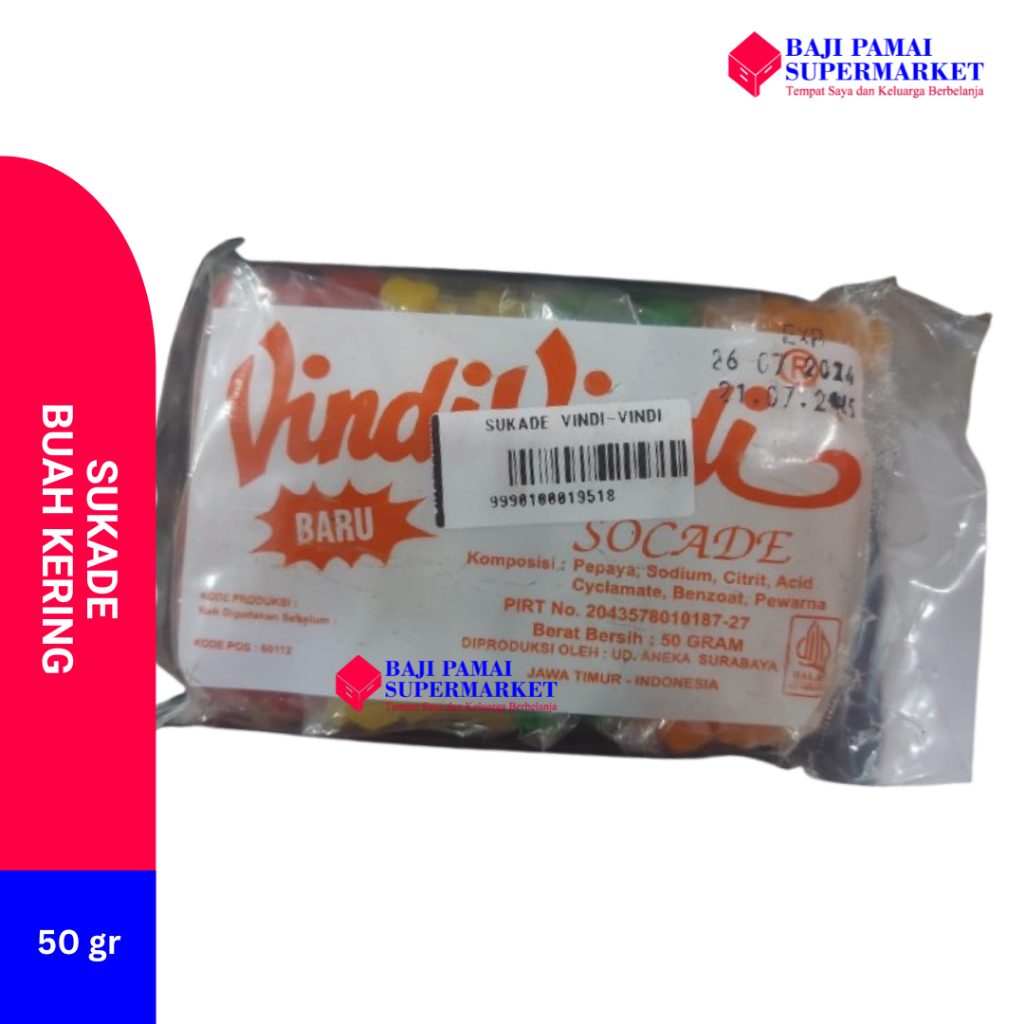 

Socade Vindi Vindi 50 gr / Sukade Buah Kering / Topping Kue Warna warni 50 gr