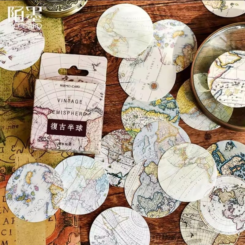 

46 pcs Sticker Peta Dunia / Round World Map Retro Vintage Decorative