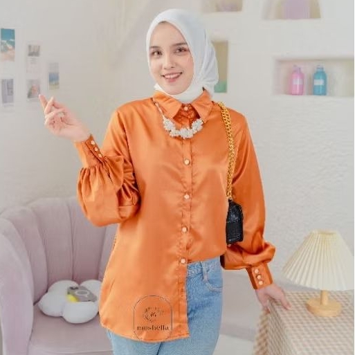 Helena Kemeja Lengan Balon / Baju Atasan Tangan Balon Satin Silky / Kemeja Wanita Satin Lengan Balon