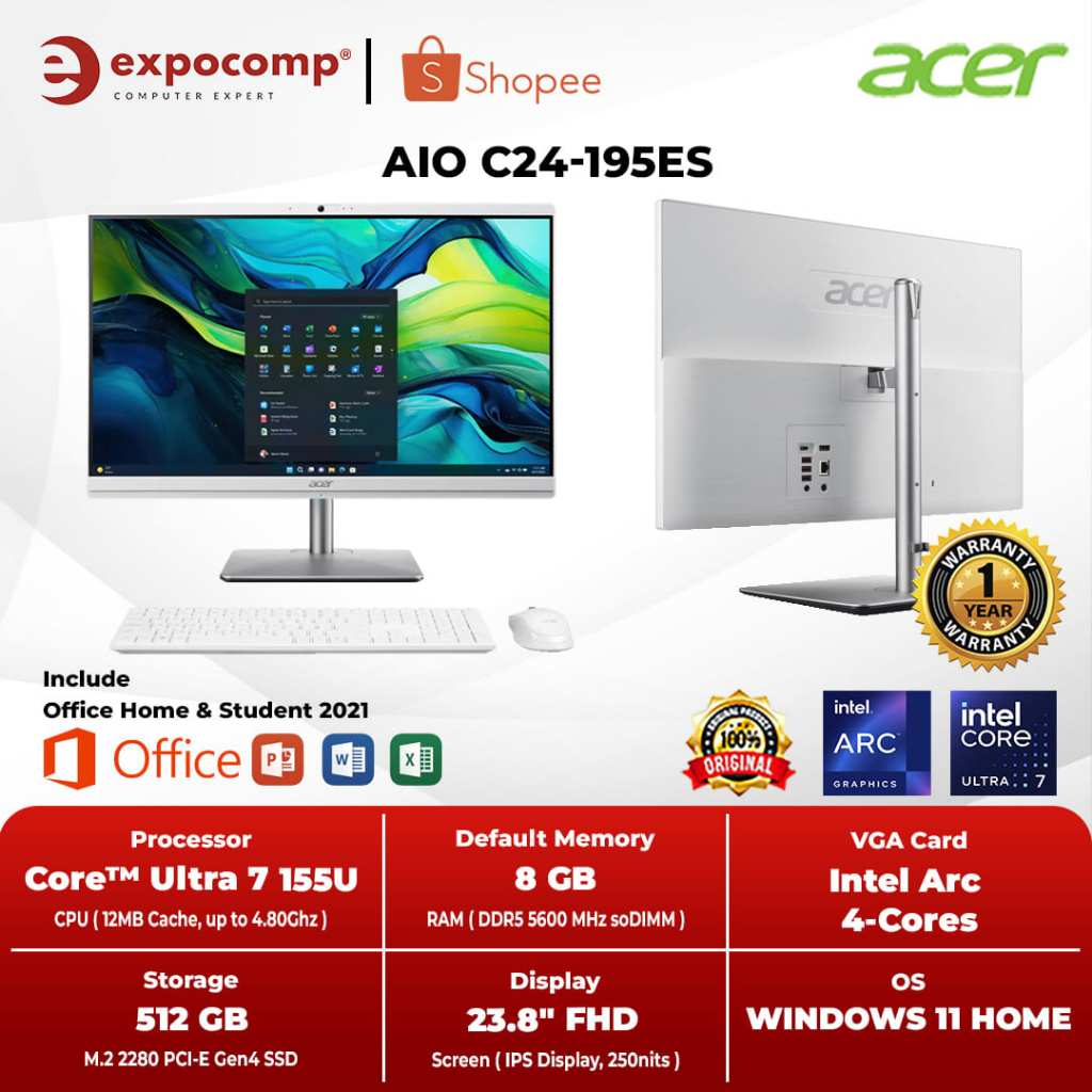 ACER PC ALL IN ONE AIO C24-195ES CORE ULTRA 7-155U 8GB 512GB WIN 11 + OHS 2021